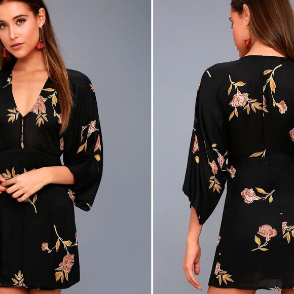 Lulus The Amuse Society Wayfair Black Floral Print Long Sleeve Dress Size XS - Picture 1 of 9